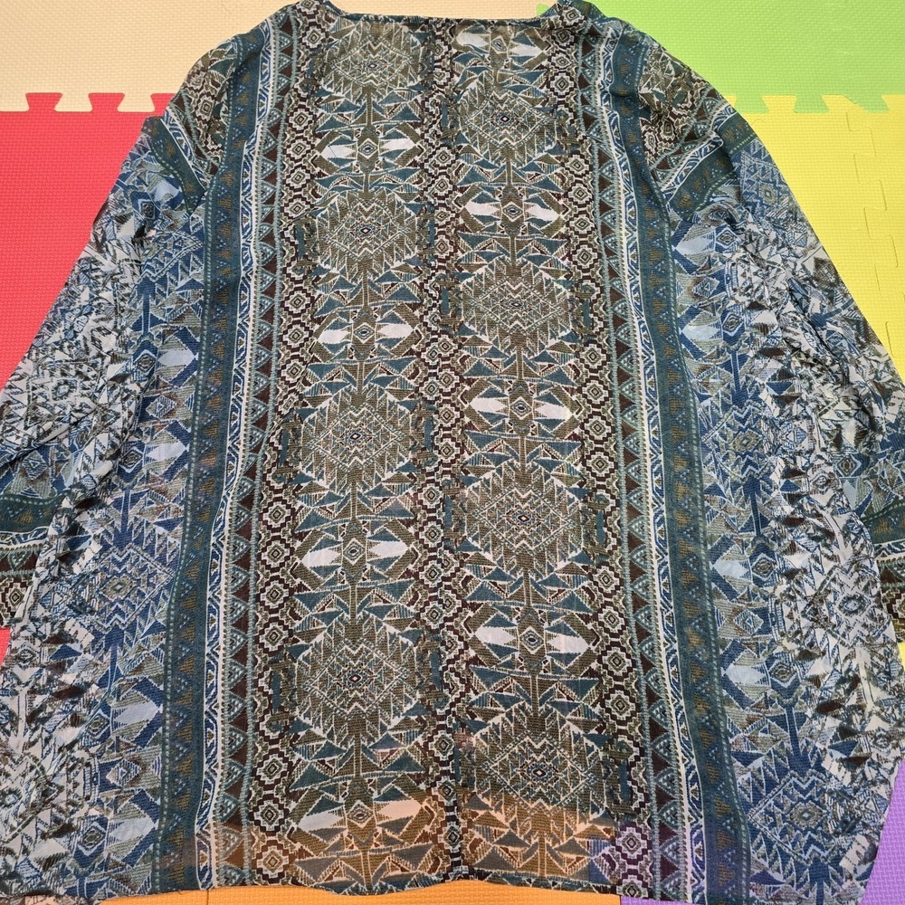 One World Women XL Top Blue Green Geometric Print V-Neck Sheer Boho Peasant... - Picture 7 of 9